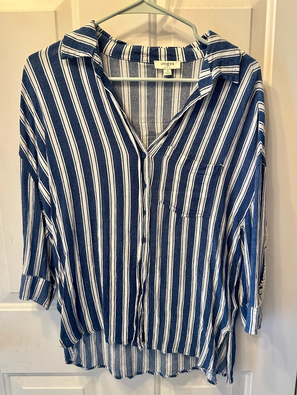 Umgee Blue and White Vertical Stripe Button-Up Shirt